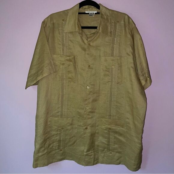 Natural Collection XL 100% Linen Tan Short Sleeve Collar Button - Picture 1 of 7